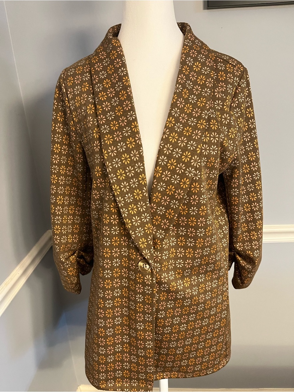 Altar'd State Brown Blazer with Cream & yellow daisy print